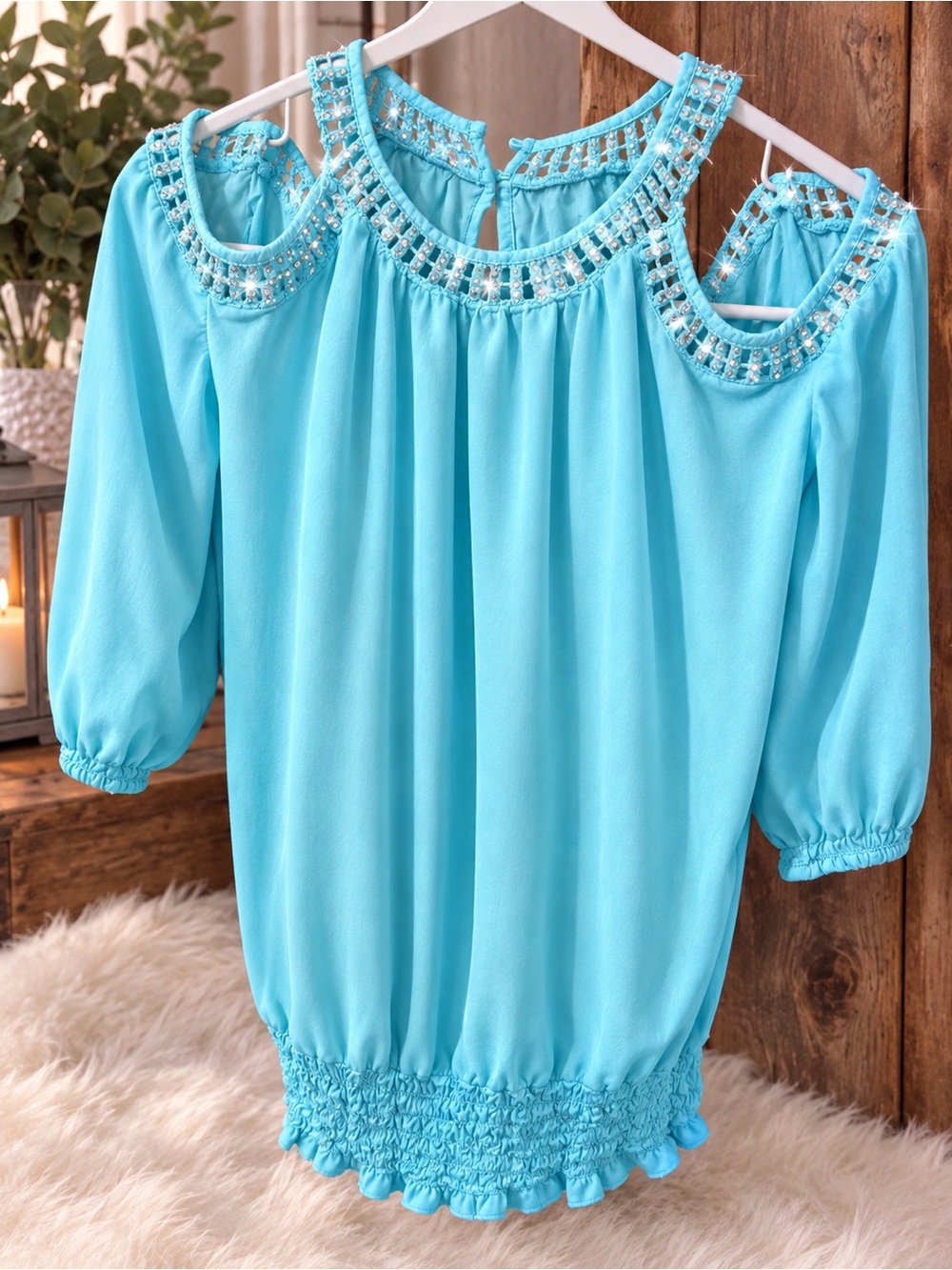 INC International Concepts Turquoise Beaded Cold-Shoulder Blouse